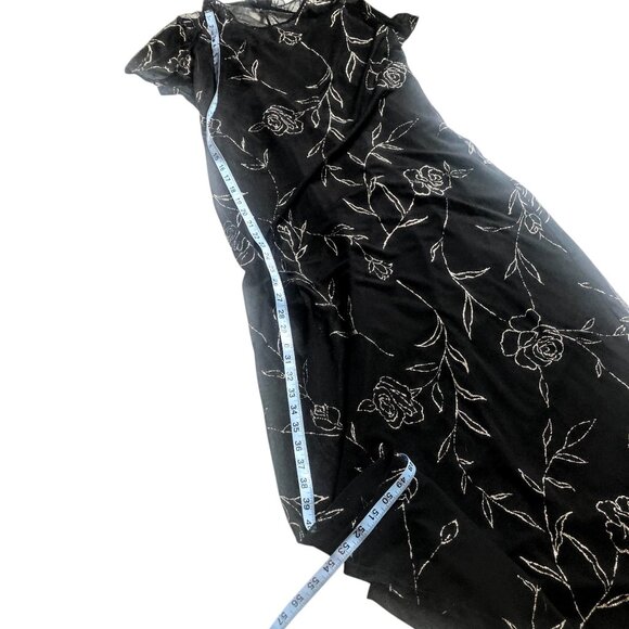 AGB Byer Black Dress VTG Maxi Sheer Overlay Slip Dress Silver Glittery Floral 12 - Picture 9 of 10